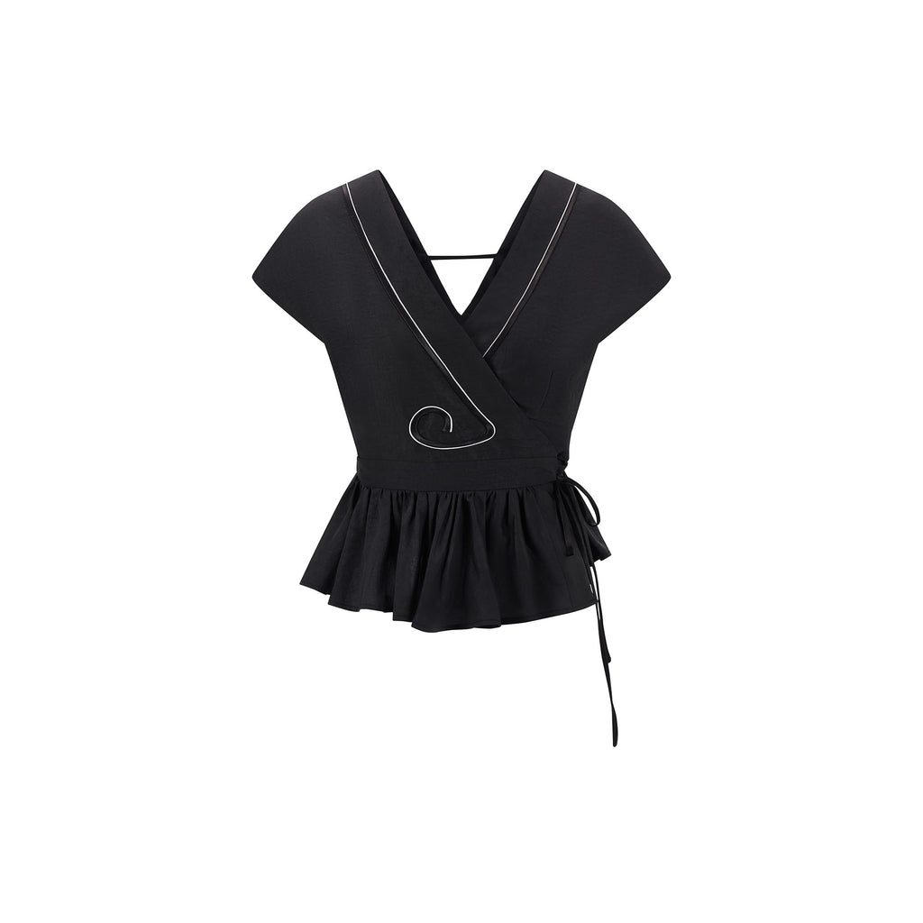 V-Neck Wavy Hem Xiangyun Silk Top