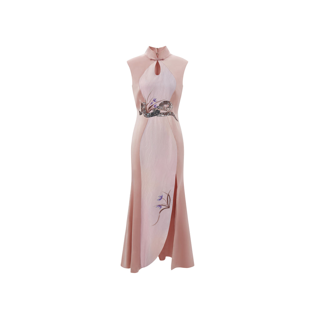 Snake & Orchid Embroidered Qipao Pink