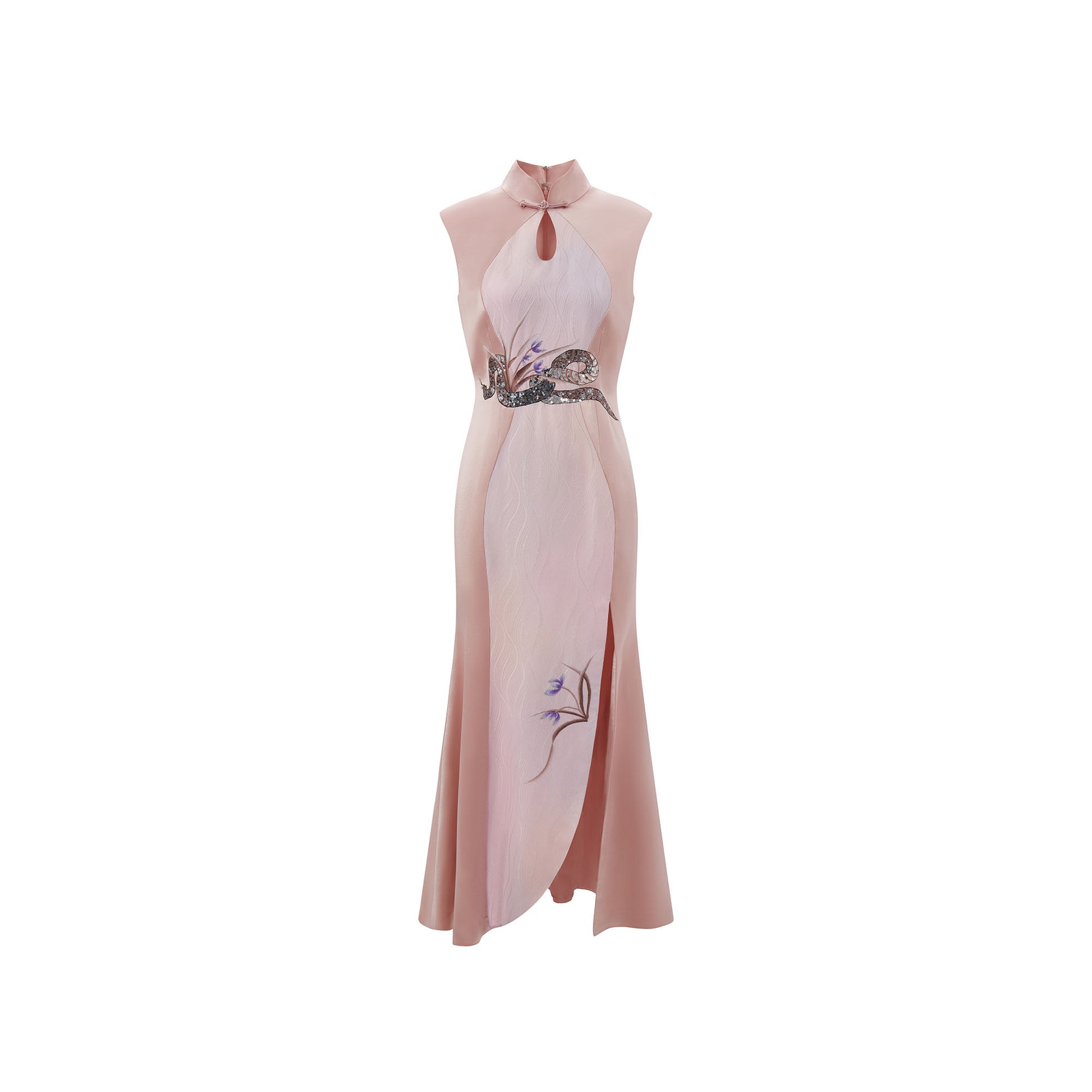 Snake & Orchid Embroidered Qipao Pink