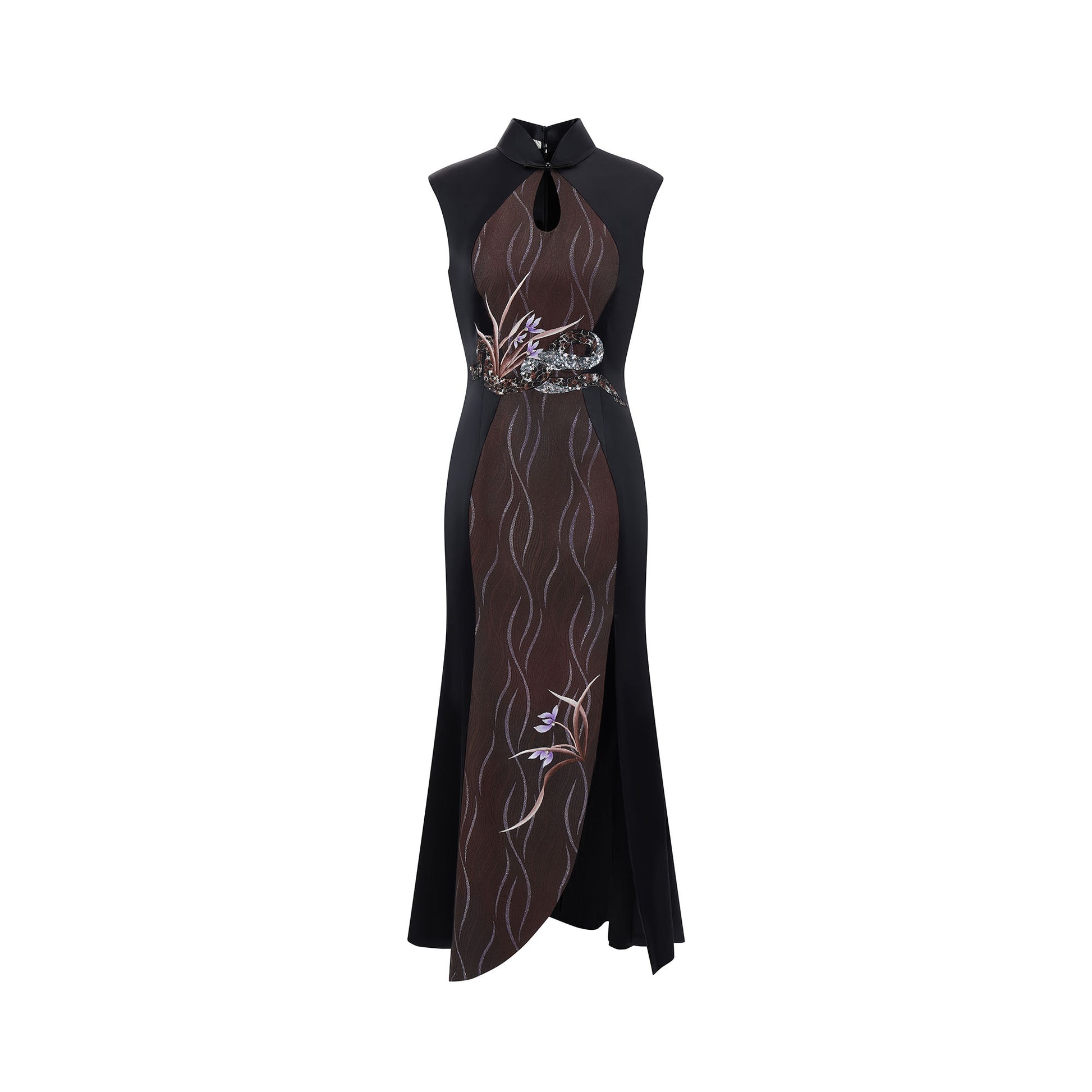 Snake & Orchid Embroidered Qipao Mocha