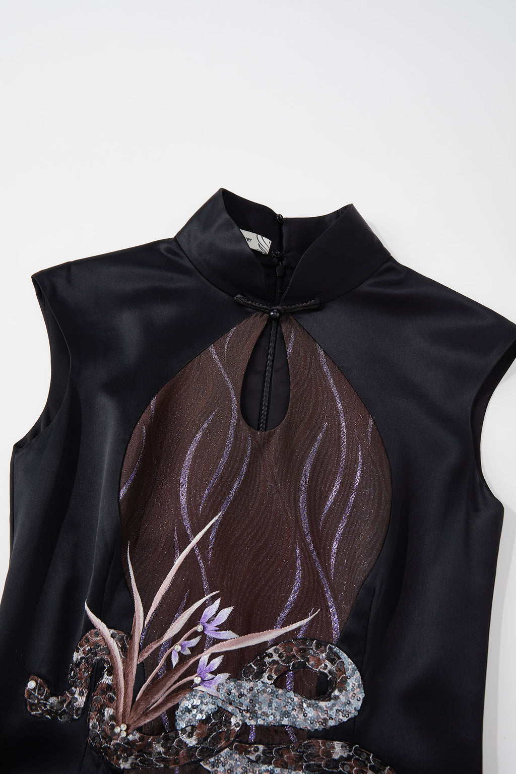 Snake & Orchid Embroidered Qipao Mocha