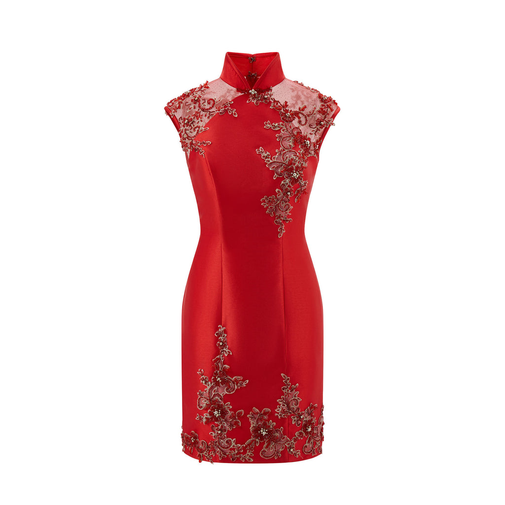 Beaded Rose Gauze Spliced Short Qipao Red
