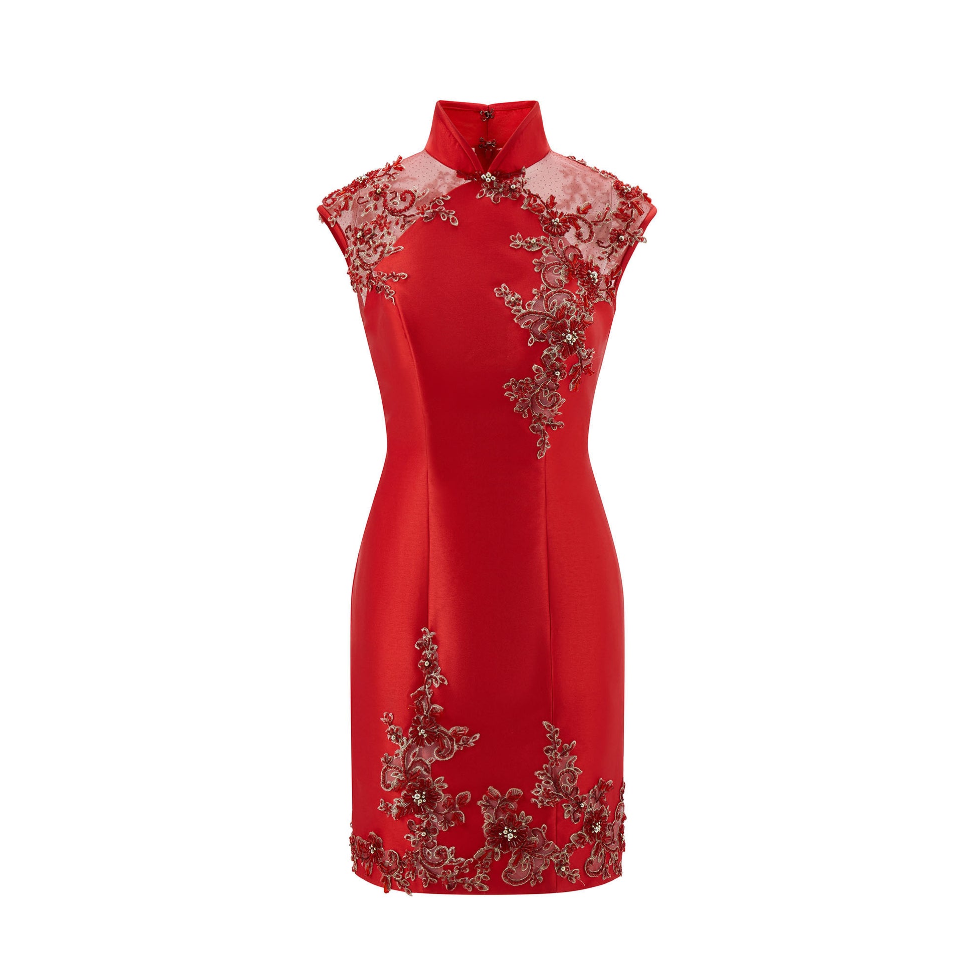 Beaded Rose Gauze Spliced Short Qipao Red