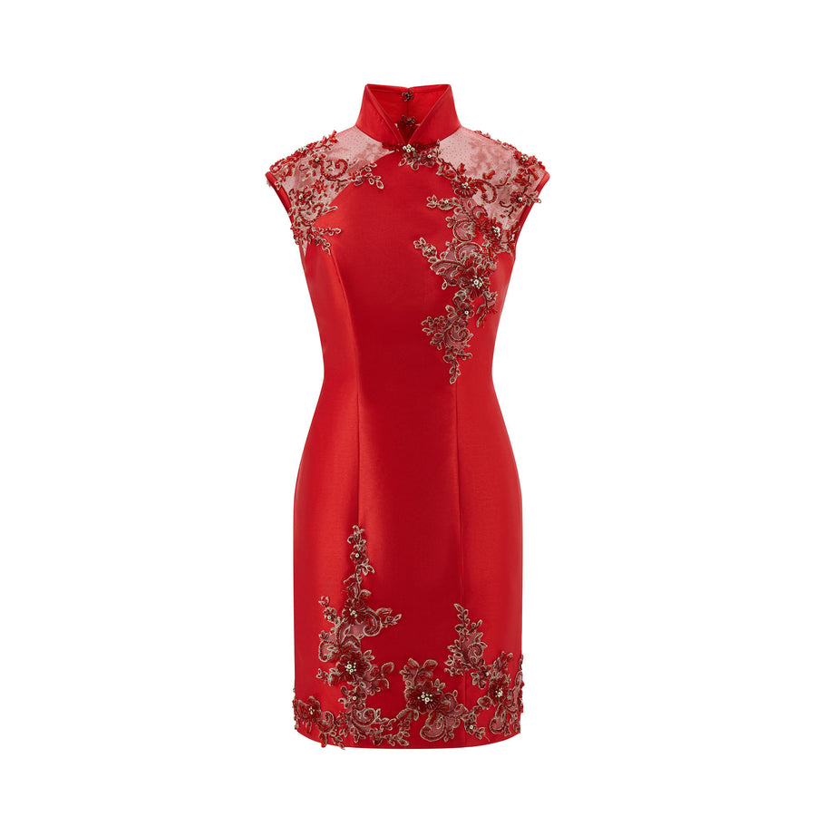 Beaded Rose Gauze Spliced Short Qipao Red