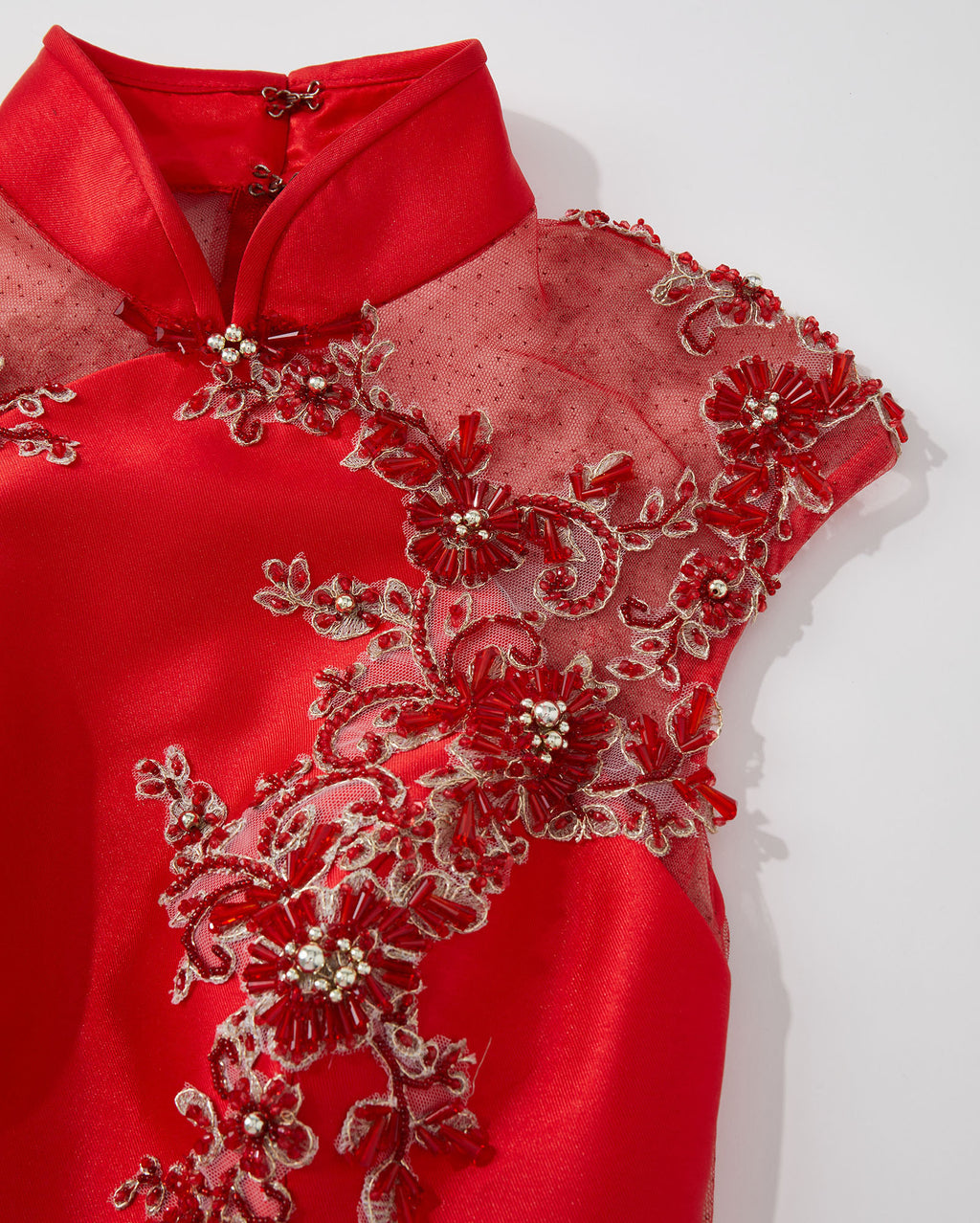 Beaded Rose Gauze Spliced Short Qipao Red