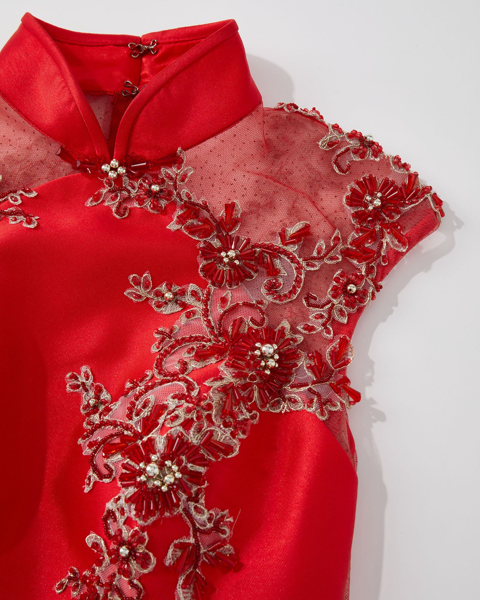 Beaded Rose Gauze Spliced Short Qipao Red