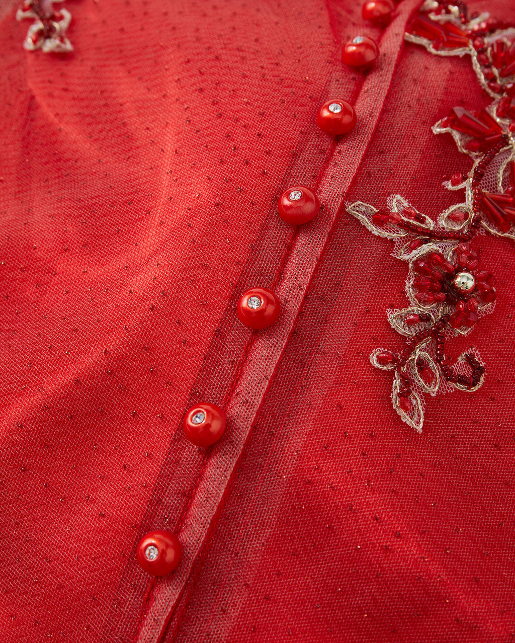 Beaded Rose Gauze Spliced Short Qipao Red