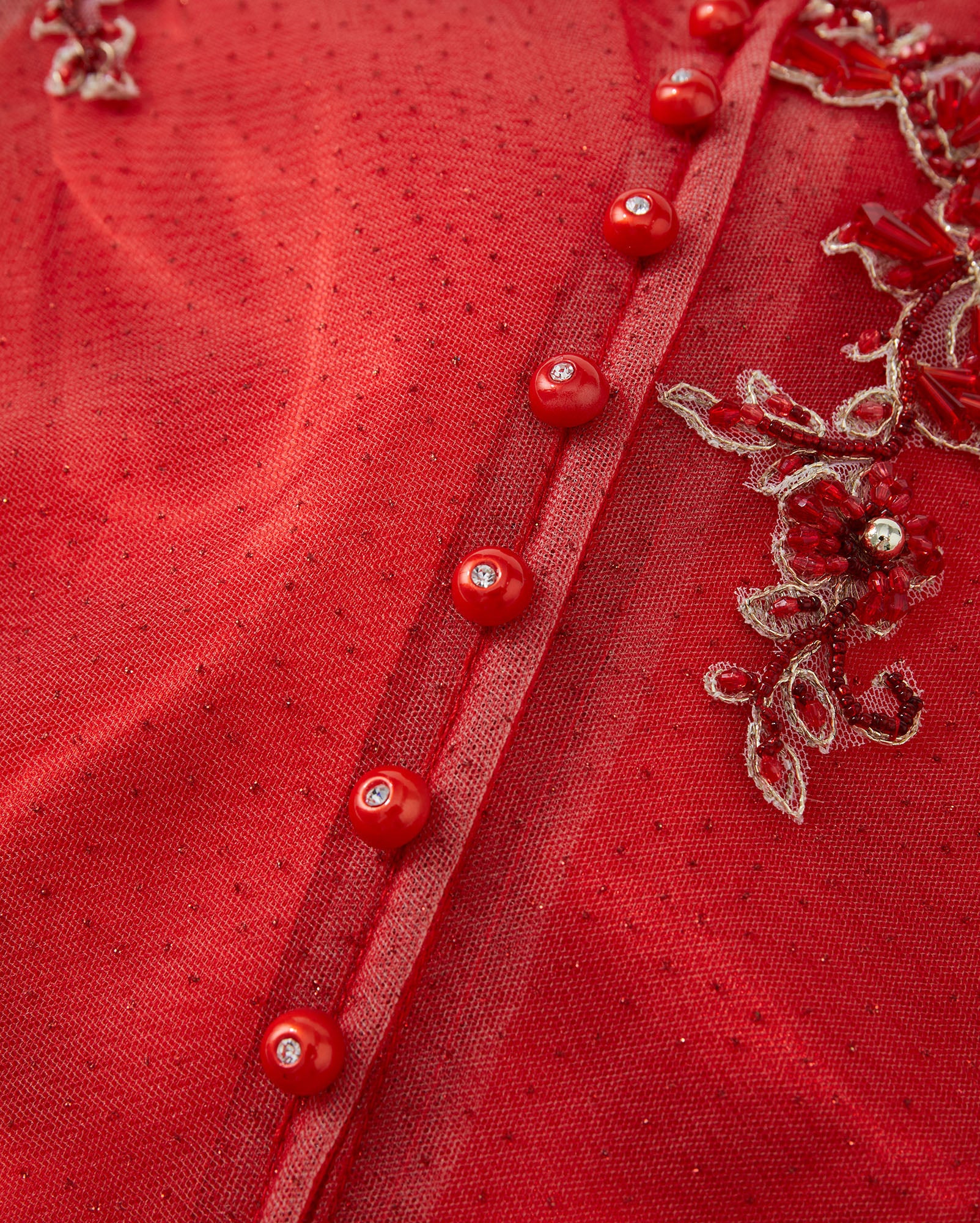Beaded Rose Gauze Spliced Short Qipao Red