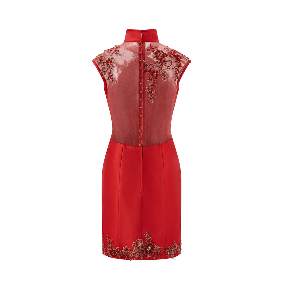 Beaded Rose Gauze Spliced Short Qipao Red