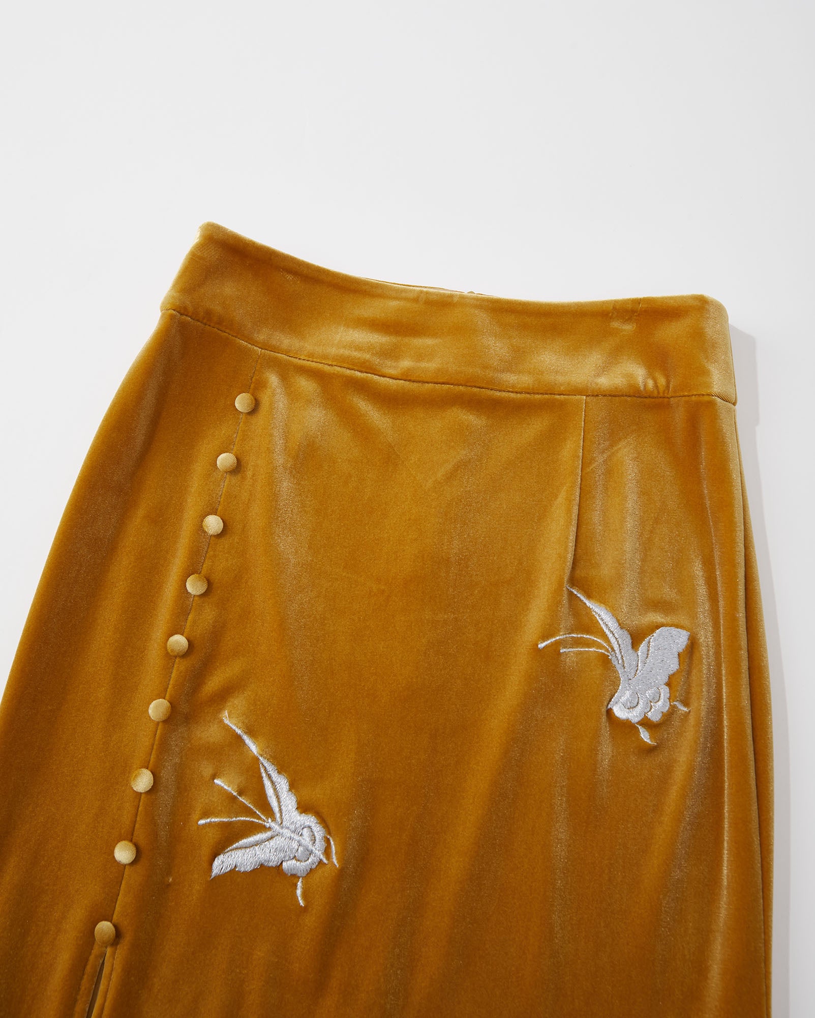 Butterfly Embroidered Velvet Fishtail Skirt Gold