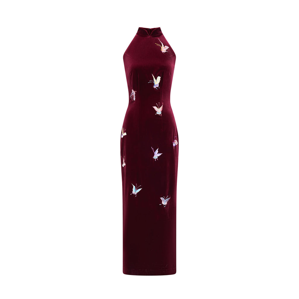 Butterfly Embroidered Halter-Neck Modern Qipao Red