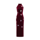 Butterfly Embroidered Halter-Neck Modern Qipao Red