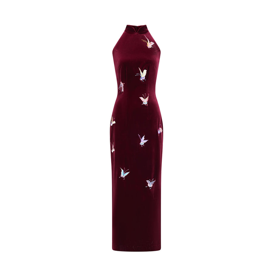 Butterfly Embroidered Halter-Neck Modern Qipao Red