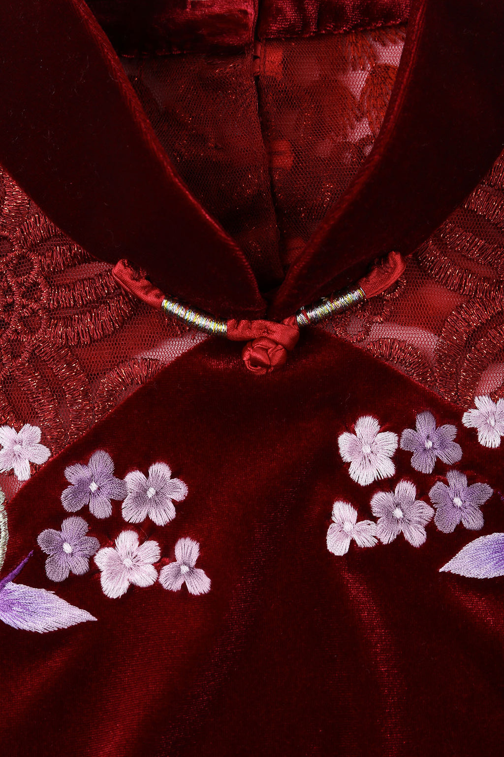 Purple Wisteria Embroidered Lace Spliced Backless Qipao