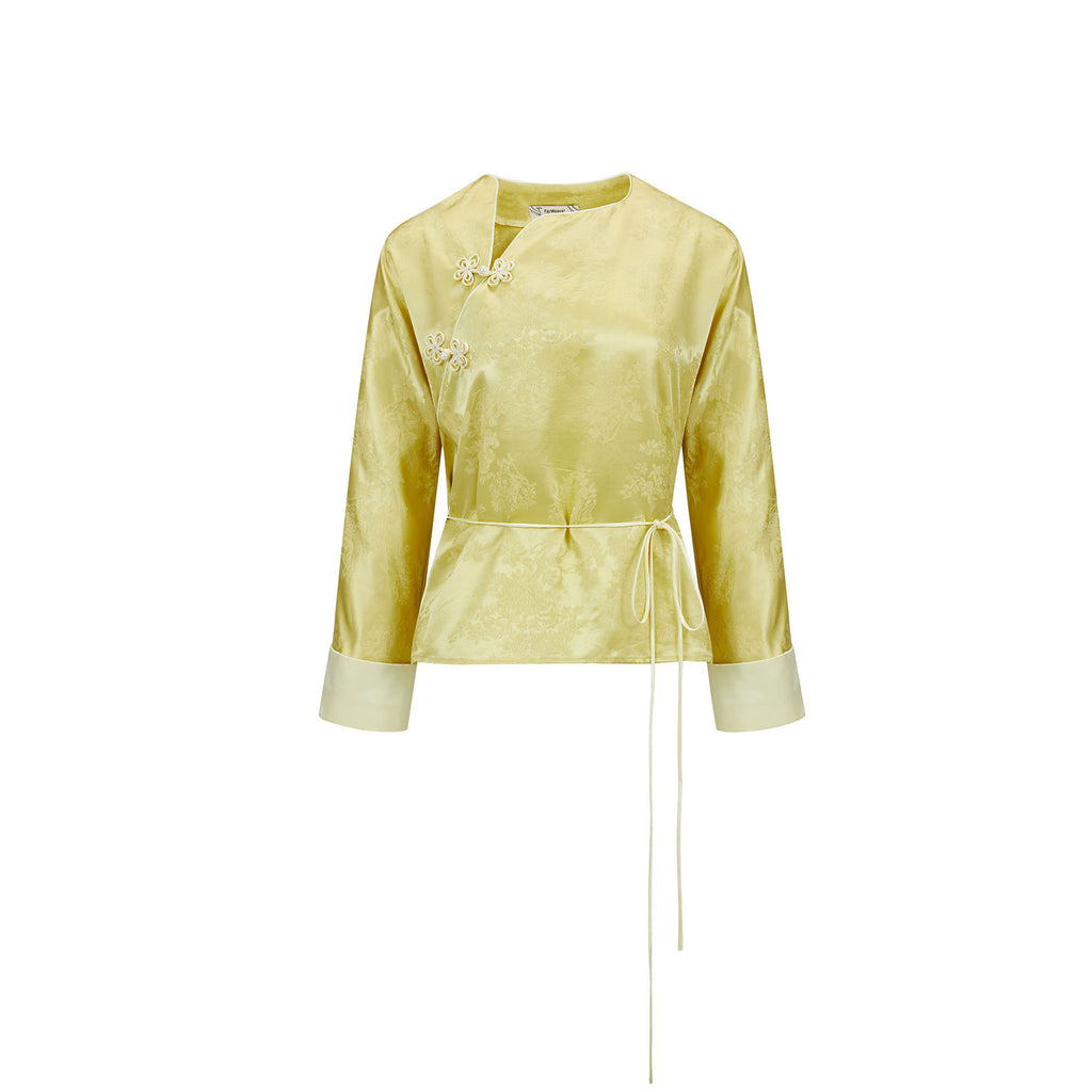 Flower Button Ribbon Blouse Lemon & Pearl