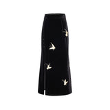 Gold Butterfly Embroidered Velvet Fishtail Skirt
