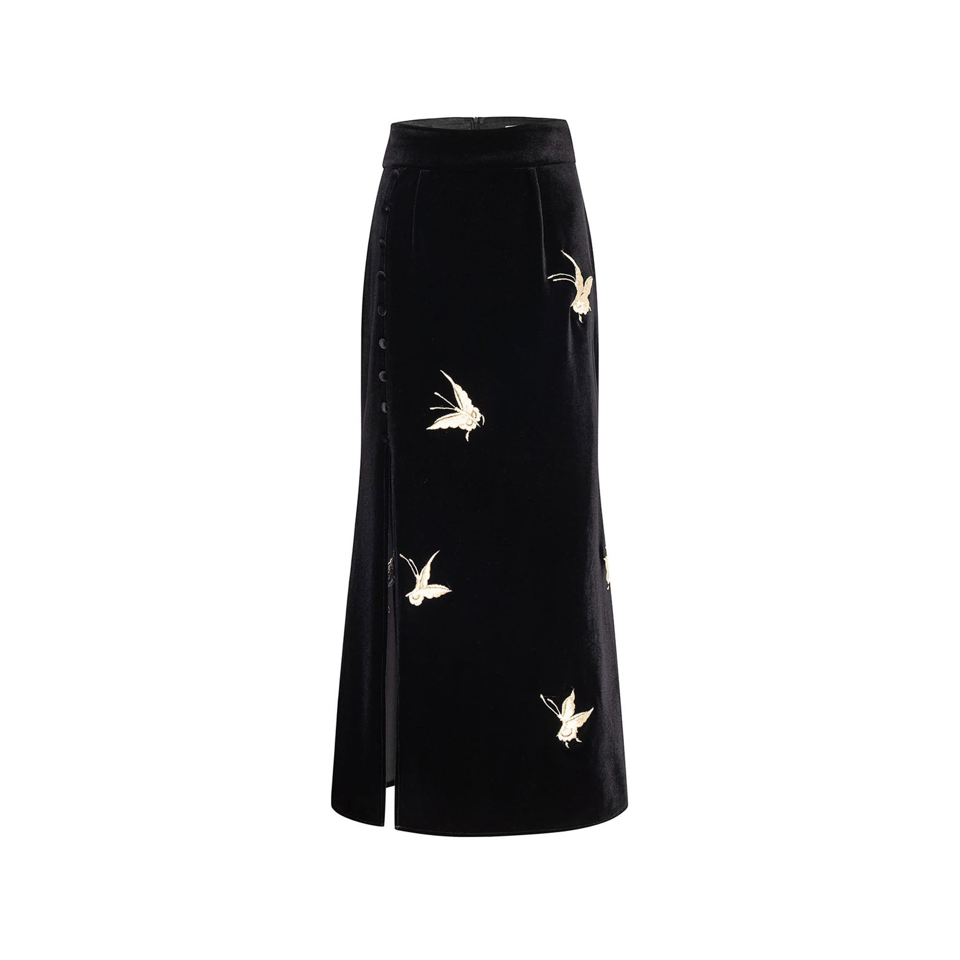 Gold Butterfly Embroidered Velvet Fishtail Skirt