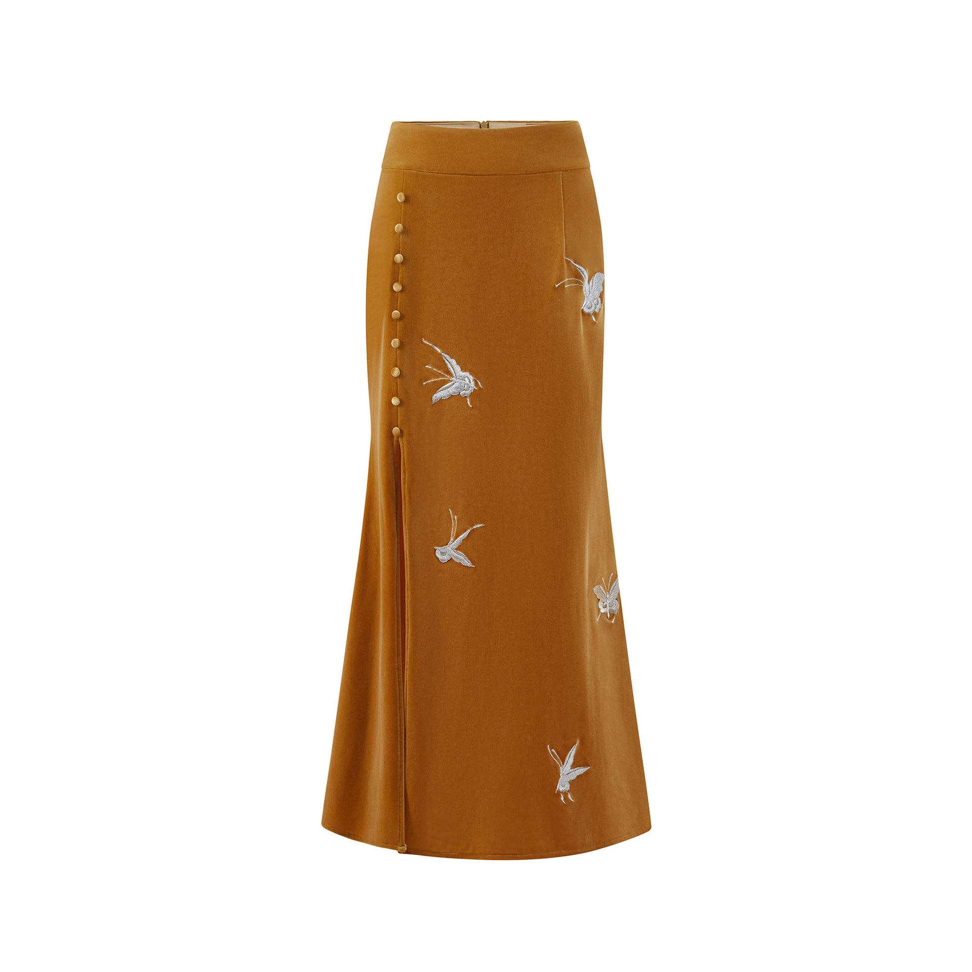 Butterfly Embroidered Velvet Fishtail Skirt Gold