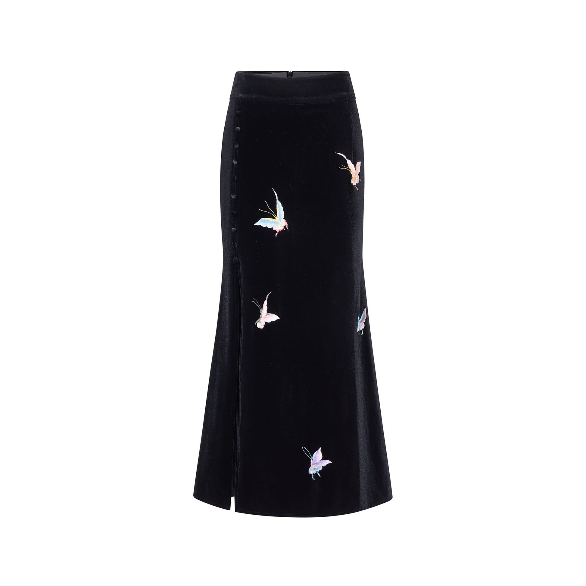 Colored Butterfly Embroidered Velvet Fishtail Skirt