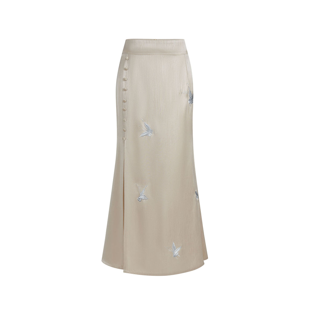 Butterfly Embroidered Front-Slit Fishtail Skirt Cream