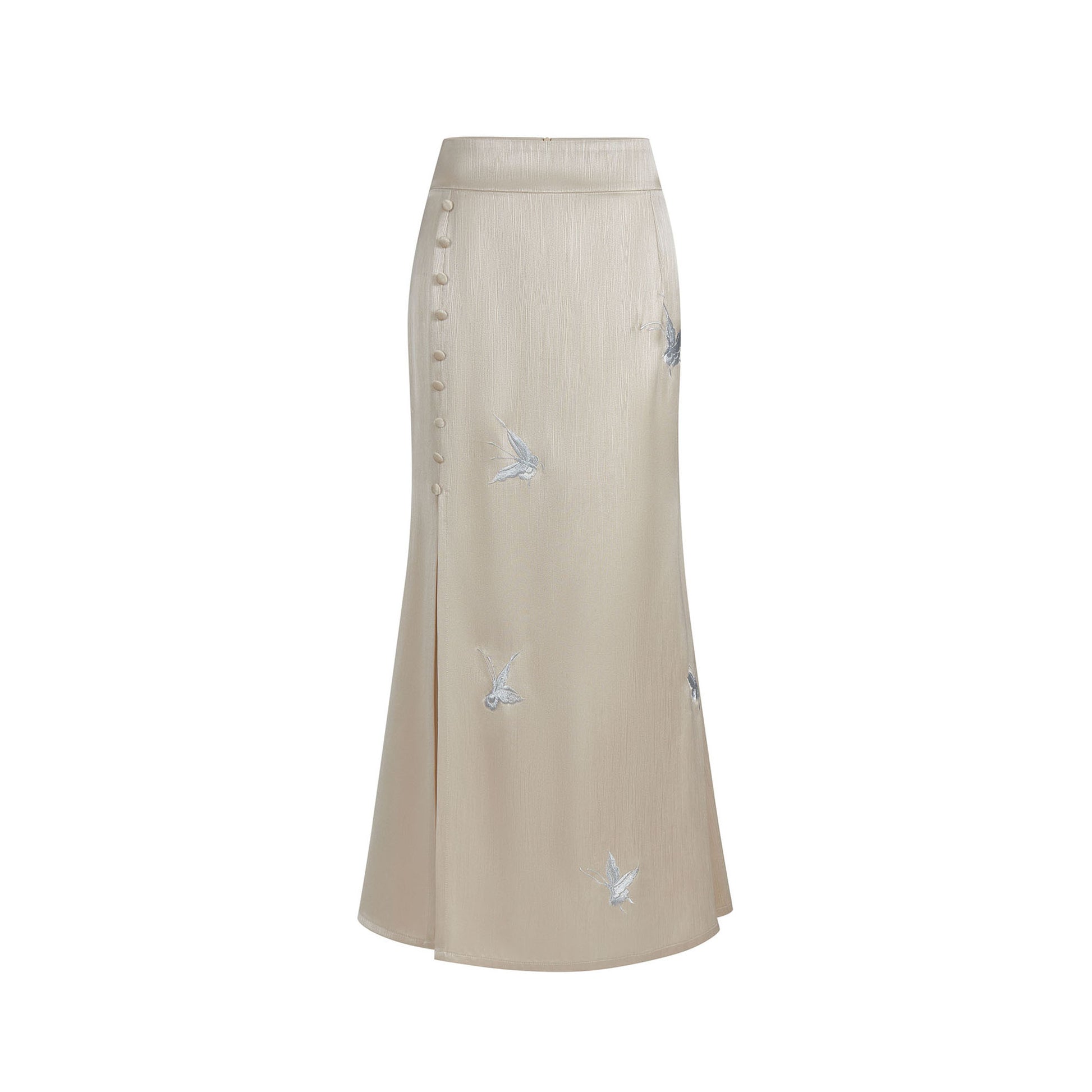 Butterfly Embroidered Front-Slit Fishtail Skirt Cream
